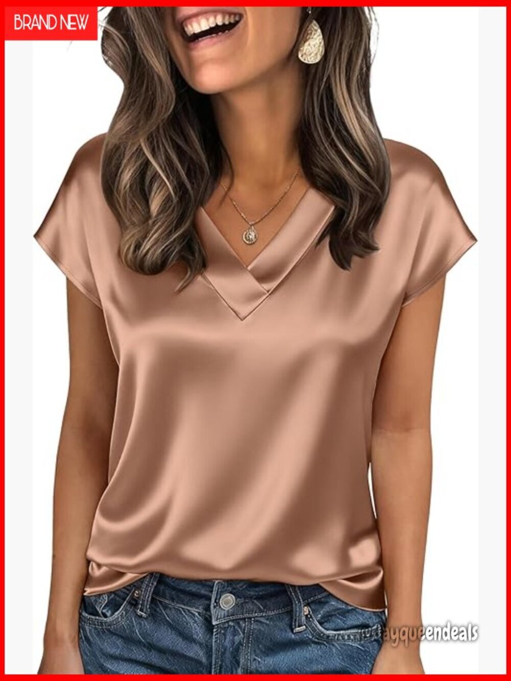 Short Sleeve V-Neck Satin Blouse Business Casual Tops S-2XL
